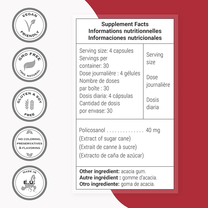Supersmart - Policosanol 40mg per Day - Sugar Cane Extract | Non-GMO &amp Gluten Free - 120 Vegetarian Capsules