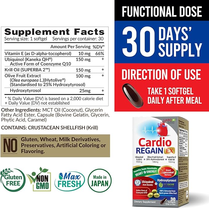 LABO Nutrition CardioREGAIN EX – Ubiquinol CoQ10 Supplement with Kaneka QH 150mg Olive Fruit Extract (25% Hydroxytyrosol) Krill Oil – Heart Cellular Energy Liposomal Absorption Non-GMO Soy-Free