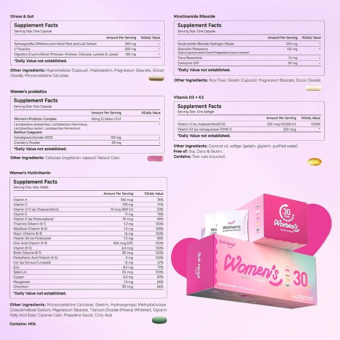 Multivitamin for Women Daily Vitamin Packs for 30 plus with D3+K2 NR1000 Probiotics &amp Ashwagandha | Supplement for Beauty Stress Relief Bone &amp Heart Health Energy Gut &amp Hormone Balan