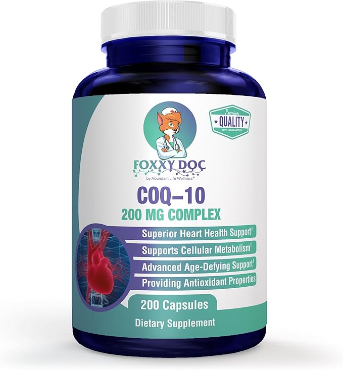 CoQ10 - Co-Enzyme Q10-200 mg - Excellent Value - 200 Caps - Quick Absorption - Veg. Caps - Non-GMO - Ubiquinone - Heart &amp Cellular Energy &amp Brain Supplement by Foxxy Doc