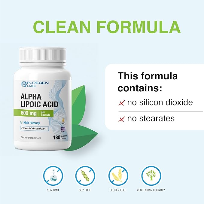 Puregen Labs Alpha Lipoic Acid 600mg [High Potency] 180 Servings - Antioxidant Support | No Harmful Additives | Non-GMO NO Gluten and Dairy 600 mg per Veggie Capsule