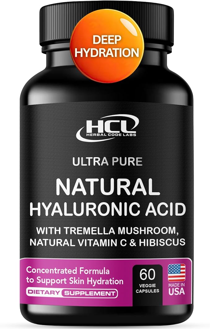 Natural Hyaluronic Acid Supplement 5X Stronger Hydration Pills from Pure Tremella Mushroom with Vitamin C &amp Hibiscus - Skin Supplement Anti Wrinkle Dietary Capsules - hair nails vitamins
