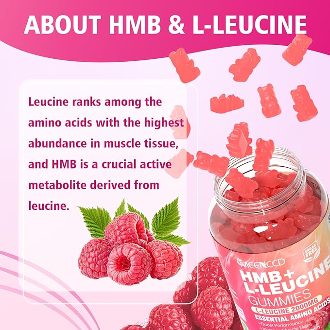 MEENCCD 2 Pack HMB and L-Leucine Gummies HMB and Leucine Amino Acid for Muscle Growth Muscle Maintenance and Muscle Function for Men &amp Women Sugar-Free Raspberry Flavor 120 Count