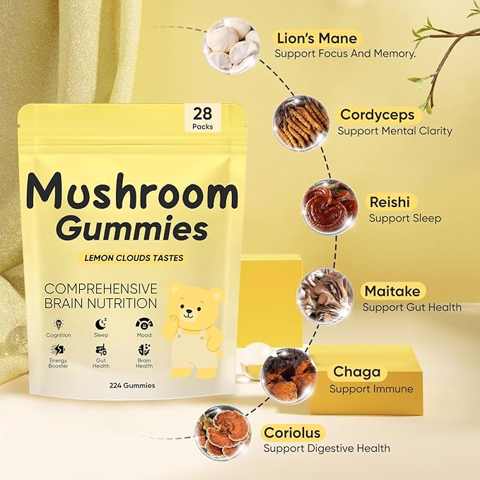Lions Mane Mushroom Gummies for Adults Functional Gummies with Reishi Chaga Cordyceps Coriolus | for Energy Brain Health Cognitive Memory &amp Focus 28PacksIndividual Packets