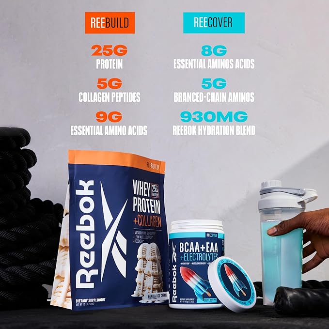 Reebok Post-Workout Amino Acids + Protein Bundle: REEcover Rocket Moon Pop + REEbuild Vanilla Ice Cream | Muscle Recovery Hydration Strength Joint Support