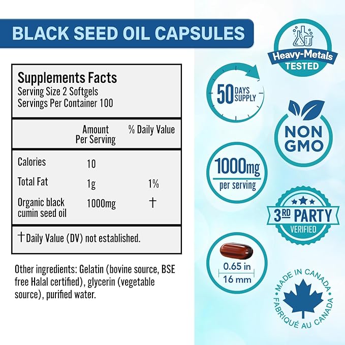 Bio Absorb Black Seed Oil Cold Pressed Capsules. 200 softgels 500mg (50-Day Supply). No Aftertaste.