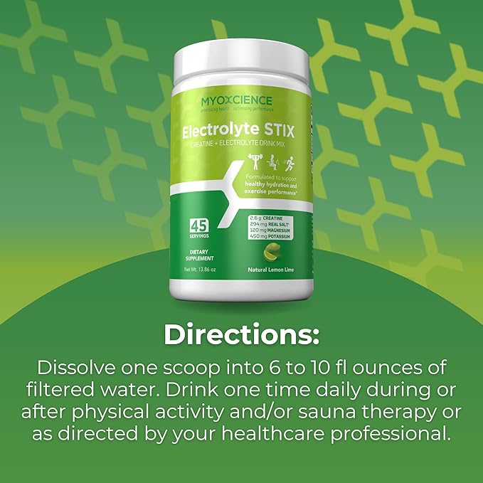 MYOXCIENCE Electrolyte STIX | Creatine Electrolyte Powder | Recovery from Exercise &amp Muscle Development w/Real Salt (Lemon Lime Flavor) (Jar 45 ct)