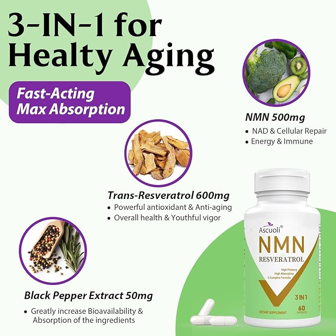 99% Ultra Purity NMN 500mg + Trans-Resveratrol 600mg 1150mg NMN Resveratrol Supplement 3-in-1 Advanced Formula for Boost* NAD Cell Immune Energy &amp Muscle Healthy Aging Stabilized Form - 60