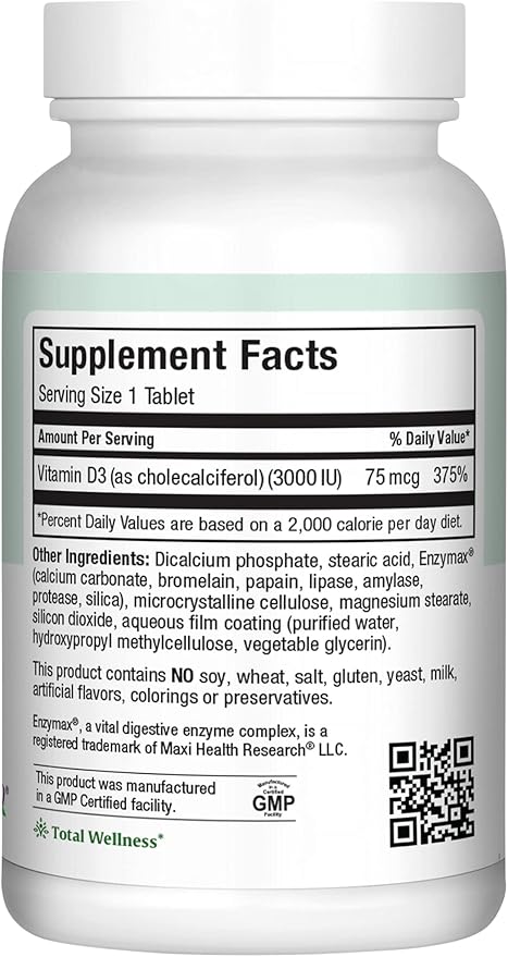 Maxi Health Vitamin D3 3000 IU 75 mcg Vitamin D Supplement for Healthy Bones Teeth Immune Support - VIT D3 Supplement Easy to Swallow Non-GMO Supplement for Men and Women – Kosher (180 Tablets)