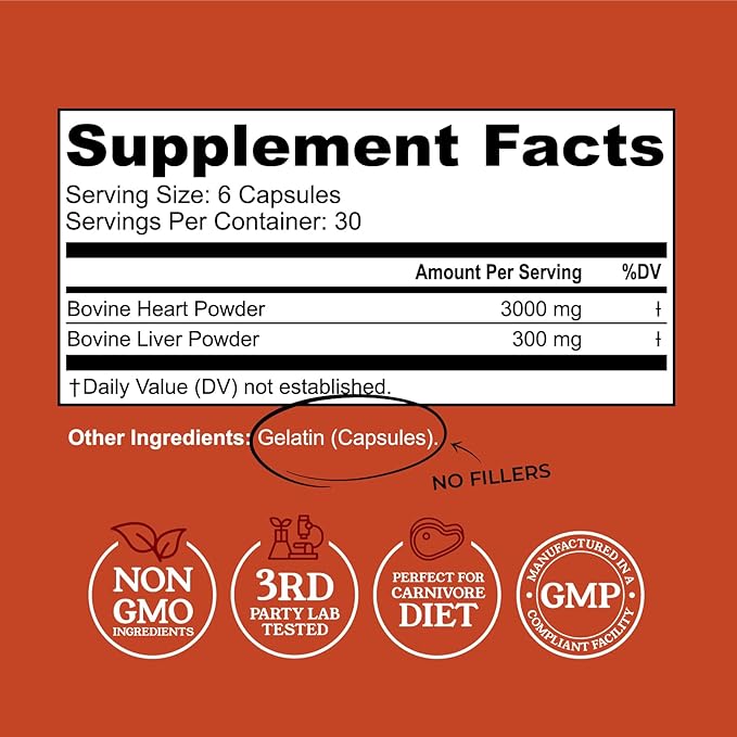 Left Coast Performance Grass Fed Beef Heart and Liver Supplement – Pasture-Raised in New Zealand No Fillers or Flow Agents – Natural CoQ10 &amp Iron Support - Beef Organ Supplement – 180 Capsules