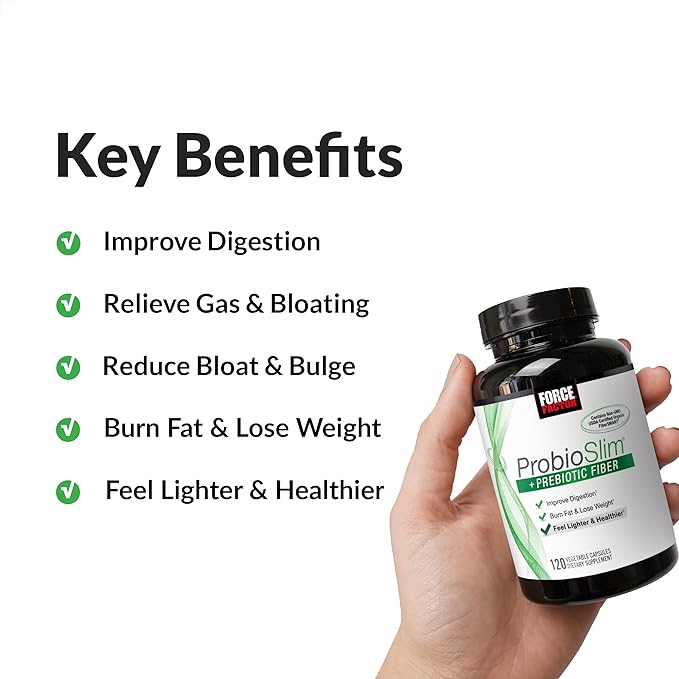 Force Factor ProbioSlim + Prebiotic Fiber Weight Loss Supplement for Women and Men Probiotic and Prebiotic Digestive Health Support with Green Tea Extract and Psyllium Husk Fiber 120 Capsules