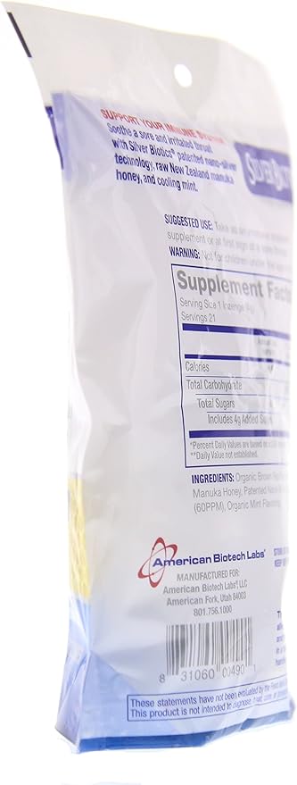 American Biotech Labs Silver Biotics Silver Lozenges w/60ppm SilverSol and Manuka Honey Mighty Manuka Mint (21 Count) (2 Pack)