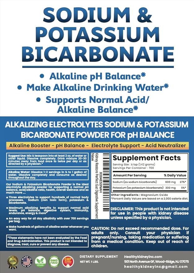 Sodium Bicarbonate Powder &amp Potassium Bicarbonate Powder pH Balance Supplement. Make Gallons of Alkaline Water Drops for Acid/Alkaline pH Balance Stomach Immune Performance. Alkaline Drinking Wat