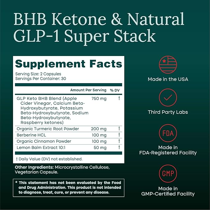 Ketosis &amp GLP-1 Supplement Weight Loss for Women and Men - Appetite Suppressant Fat Burner and Metabolic Health with BHB Raspberry Ketones Apple Cider Vinegar Berberine HCL (Made in US/Lab Test