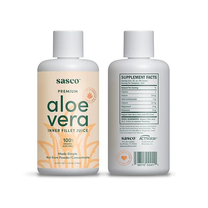 100% Organic Aloe Vera Juice – Inner Fillet Only Naturally Preserved Not from Concentrate Supports Digestive &amp Immune Health – 1L Bottle by Sasco
