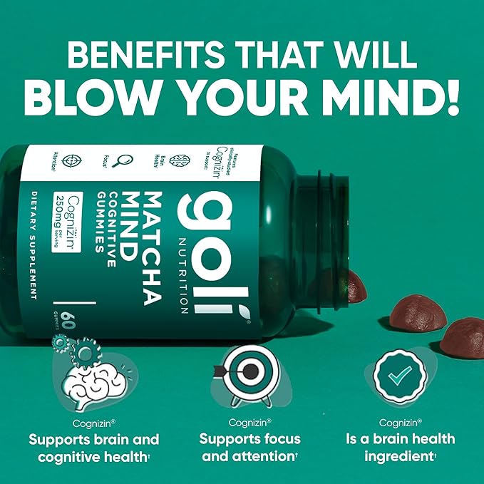Goli Matcha Mind Gummies - 180 Count - Green Tea Leaves Powder with Cognizin for Focus Attention and Brain Health Vegan Non-GMO Gluten-Free &amp Gelatin Free.
