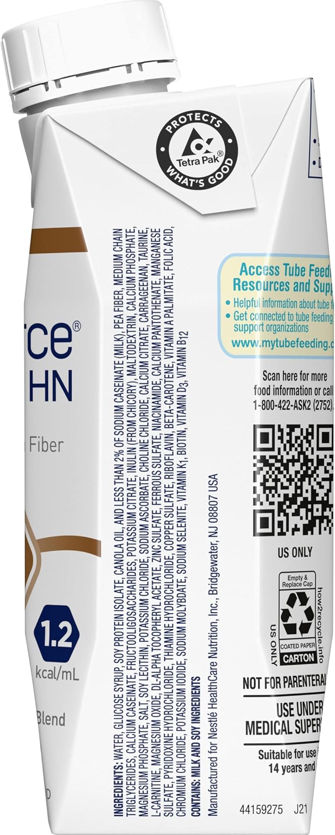 FIBERSOURCE HN High Nitrogen Complete Nutrition with Fiber Tube Feeding Formula (1.2 kcal/mL) Unflavored 8.45 Fl Oz Pack of 24