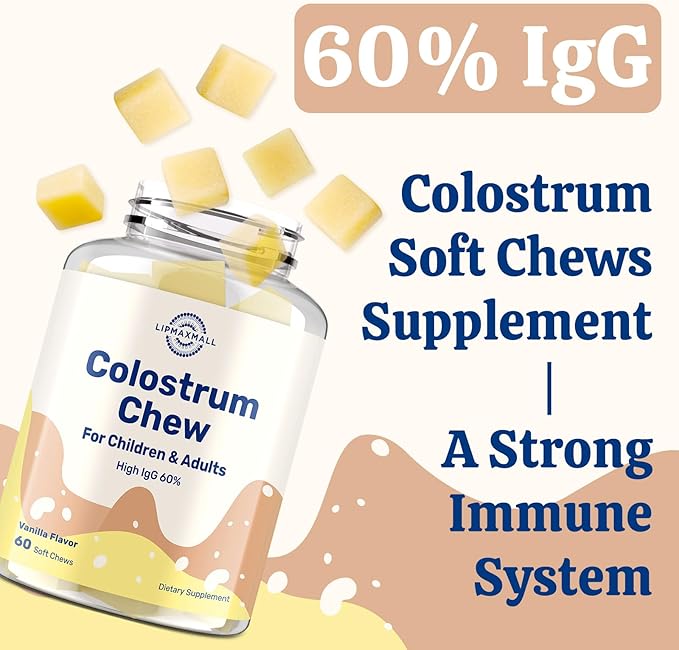 Bovine Colostrum Chews Supplement with 60% IgG for Humans Women Men Kids- for Immune Gut Bone Joint Cognitive Overall Growth from Grass-Fed Cows &amp Vanilla Flavor 60 Soft Chews (2 Bottles)