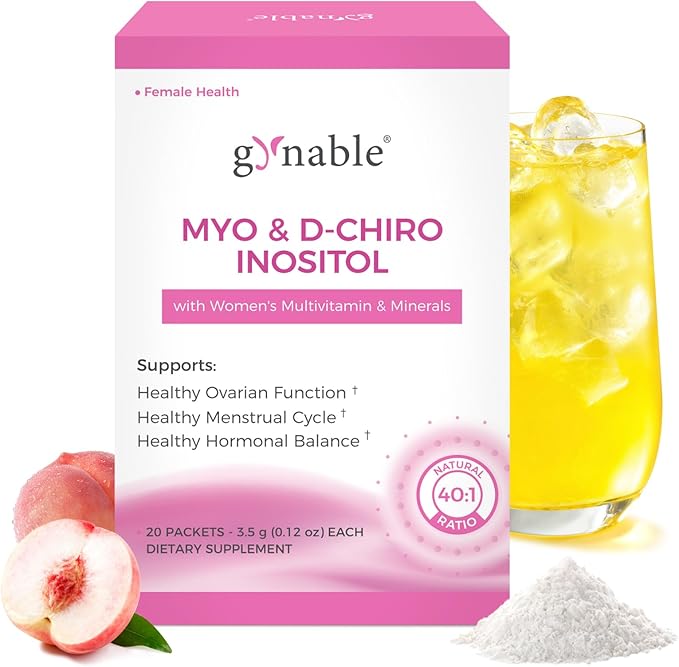 Gynable Pregina Myo-Inositol &amp D-Chiro Inositol Powder for Women - PCOS Fertility Support Hormonal Balance Regular Cycles | Patented Active Folic Acid Vegan Gluten-Free (30 Servings Peach)