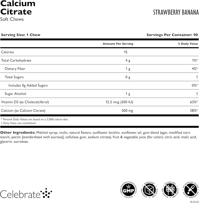 Celebrate Vitamins Bariatric 500mg Calcium Citrate Soft Chews with 500 IU Vitamin D3 – Essential for Gastric Bypass Patients &amp Bone Health - Sugar &amp Gluten Free Strawberry Banana (270 Chews)