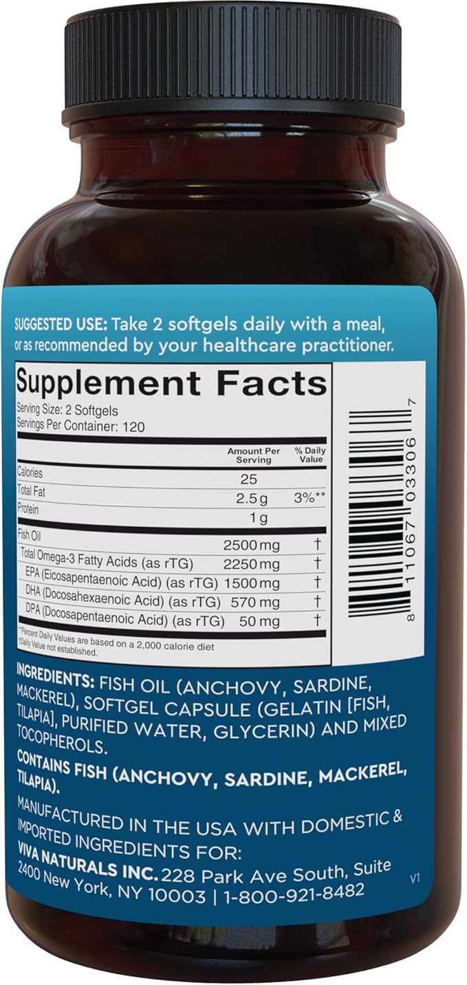 Viva Naturals Omega 3 Fish Oil Supplement for Women and Men - 2500 mg Triple Strength Fish Oil Pills with Re-Esterified Omega 3 Fatty Acids Including EPA DHA DPA - 240 Pescatarian-Friendly Softgels