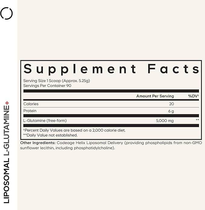 Codeage Liposomal L-Glutamine Powder - High-Potency L-Glutamine 5000 mg per Serving - 3-Month Supply - Liposomal Delivery Free-Form Amino Acid Unflavored Glutamine - Non-GMO Gluten-Free - 16.67 oz