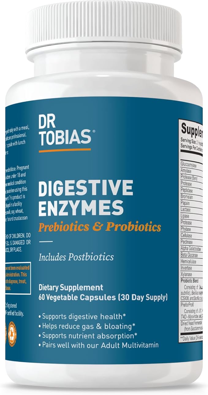 Dr. Tobias Digestive Enzymes with Probiotics Prebiotics and Postbiotics Bromelain Amylase Lipase for Better Digestion &amp Immune Function 60 Capsules 30 Servings (2 Daily)