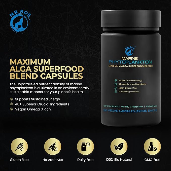 Marine Phytoplankton Capsules – 90 Vegan Capsules – Natural Energy Immune and Cognitive Support – Omega-3 Nannochloropsis gaditana Superfood Non-GMO Gluten Free