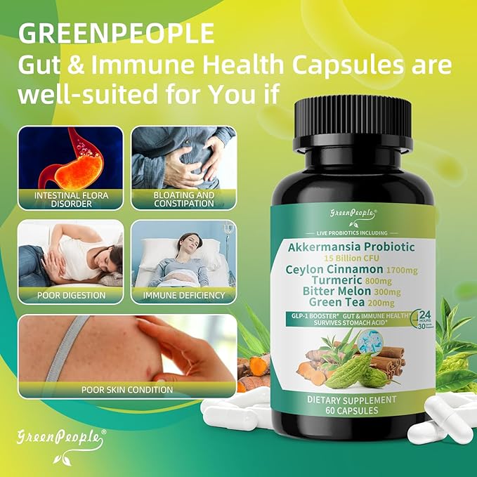 GREENPEOPLE Akkermansia Probiotics 15B CFU for Gut Function 60CT Probiotics Supplement with Ceylon Cinnamon Turmeric | Digestive Health &amp Metabolic Support | Women &amp Man | Vegan &amp Gluten