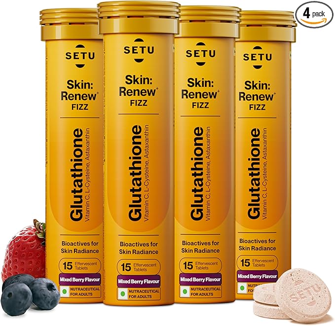 SETU Glutathione Effervescent Tablets with 500mg L-Glutathione &amp Vitamin C | Sugar-Free Antioxidant Supplement | Mixed Berry (Pack of 4)