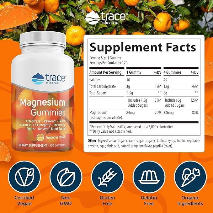 Trace Minerals Magnesium Gummies -Supports a Calm Mindset - Magnesium Chewables for Kids &amp Adults - Bone Digestion Heart Health &amp Immune Support - Tangerine Flavor - 120 Count (120 Servings)