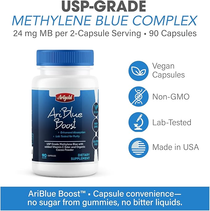 Methylene Blue Capsules 24mg - 99.99% Pharmaceutical Grade Purity - 90 Count - with Vitamin C Ester &amp Organic Cacao for Maximum Absorption - Nootropic Brain Supplement - Vegan Non-GMO Made in US