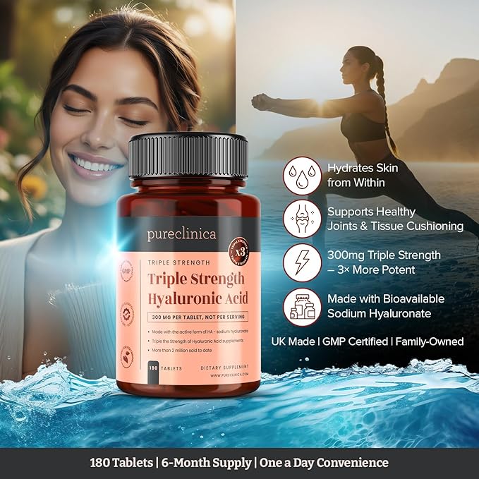 pureclinica Hyaluronic Acid 300mg x 360 Tablets (2 Bottles of 180-12 Months Supply). Triple Strength Hyaluronic Acid. 300% Stronger Than Any Other HLA Tablet.