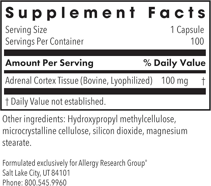 Allergy Research Group ARG Adrenal Cortex - Supports Healthy Stress Response &amp Metabolism - Delivers 100 mg Freeze-Dried Bovine Adrenal Cortex Tissue - 100 Capsules