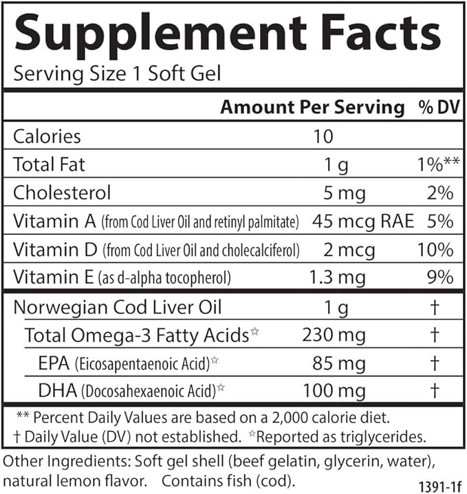 Carlson - Cod Liver Oil Gems Low Vitamin A 230 mg Omega-3s Norwegian Wild Caught Sustainably Sourced 150 Softgels