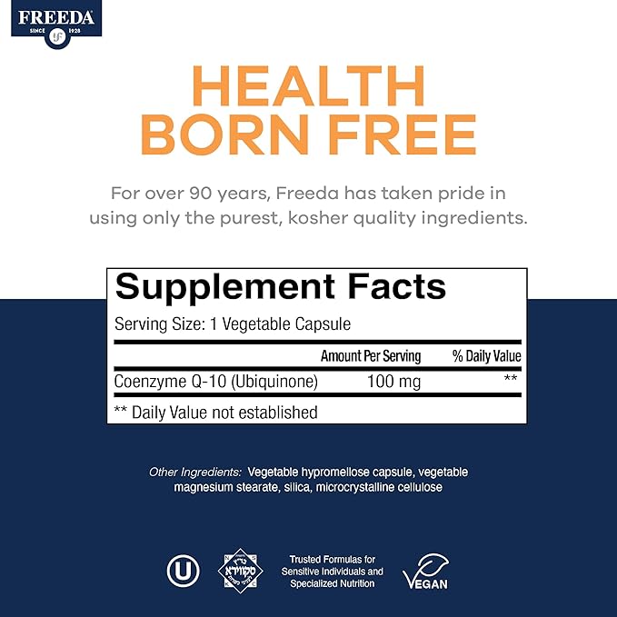 FREEDA CoQ10 100mg - Kosher Coenzyme Q10 Dietary Supplement for Cardiovascular Heart Health Blood Pressure Support Oral Gum Health and Healthy Aging - Pure CoQ10 Capsules 100 Count