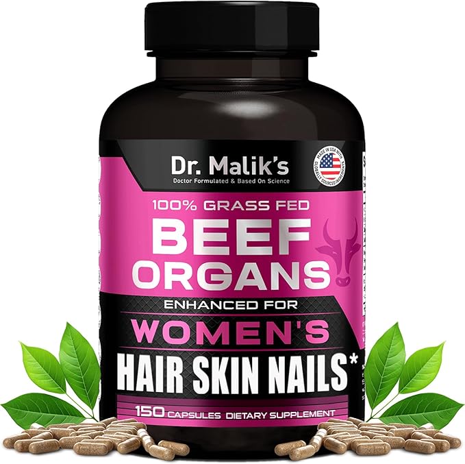 Primal Beef Organ Supplement for Women + 8 Hair Growth Vitamins Queen Blend for Hair Skin and Nails Biotin (10000mcg) Collagen Peptides Beef Liver MD Formulated 4 Beef Organs for Women 150 Caps