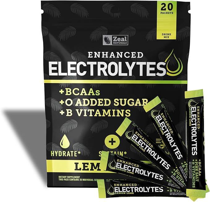Enhanced Electrolyte Powder Stick Packs (Lemon Lime | 20 Packets) w/ 0 Sugar +BCAAs +B-Vitamins Electrolyte Supplement w Potassium Zinc &amp Magnesium for Hydration - Keto Electrolytes