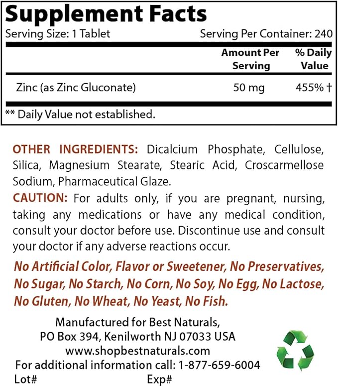 Best Naturals Acetyl L-Carnitine and Alpha Lipoic Acid 750 mg &amp Zinc Gluconate 50mg