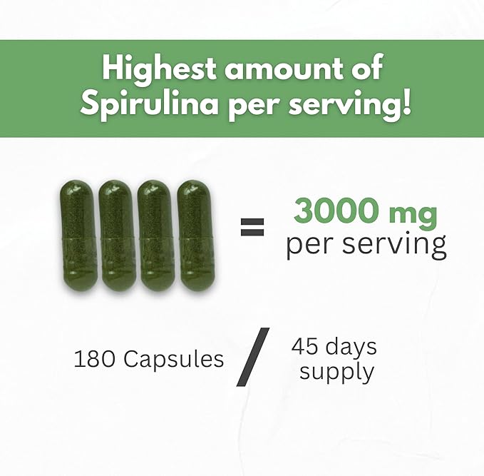 Spirulina Powder Capsules 3000 mg - Purest Non-Irradiated Blue Green Algae - Best Raw Vegan Protein - Green Superfood - Natural Multivitamins – 180 Pills Made in The USA