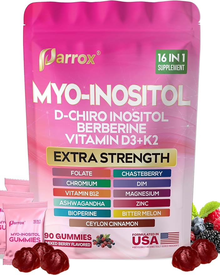 Myo-Inositol &amp D-Chiro Inositol Gummies with Berberine Vitamins D3+K2 B12 Folate Zinc Magnesium Ashwagandha Chasteberry Bioperine DIM - 16 in 1 Supplement - Mixed Berry Flavor - 90 Gummie