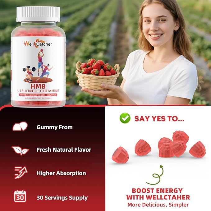 HMB and Leucine Amino Acid Gummies: HMB Supplements for Men Women with L-Glutamine for Muscle Growth Fast Workout Recovery Sugar Free Vegan Non-GMO Strawberry Flavored 30 Day Supply