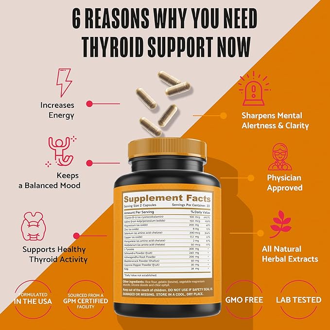 Thyroid Support for Women and Iodine Supplement ǀ Enhanced Absorption Thyroid Complex for Energy Metabolism Focus Formula Relaxation with Ashwagandha L-Tyrosine and Adaptogens Non-GMO