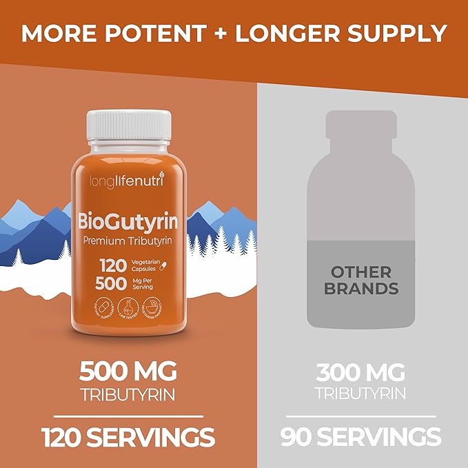 BioGutyrin – Tributyrin 500mg Postbiotic Supplement for Gut Function &amp Nutrient Absorption 120 Vegetarian Capsules Butyric Acid for Butyrate Production 4-Month Supply GMP Certified Made in U