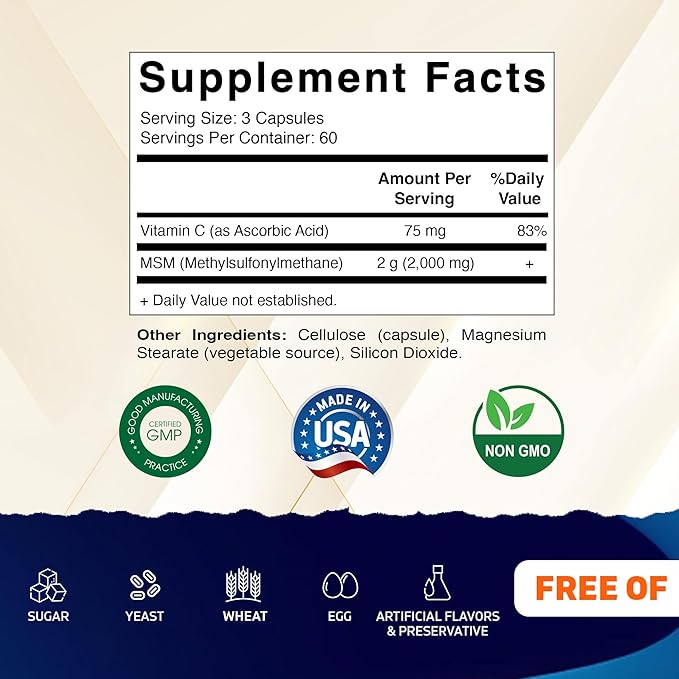 Vitamatic MSM 2000 mg with Vitamin C 75mg per Serving - 180 Veg Capsules - Vitamin C Aid in Better absopriton of MSM (Methylsulfonylmethane) - Non-GMO &amp Gluten Free-2 Pack