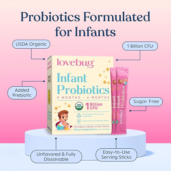 LOVEBUG Infant Probiotics 0-6 Months - USDA Organic Probiotics for Babies Supports Baby Gas Colic Reflux Diarrhea and Newborn Constipation Relief Allergen &amp Sugar Free Tasteless Powder 30 P