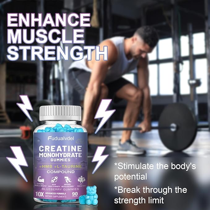 2 Pack 8000MG Creatine HMB Monohydrate Gummies with L-Taurine &amp L-carnitineMuscle BoostingEnergy BoostingVitamin B12 Men &amp Women180 Blueberry Flavored Fudge60 Days Supply