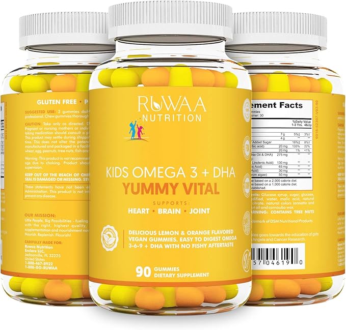 RUWAA NUTRITION Kids Omega 3 Gummies DHA EPA Omega 3 Supplement Kids. No Fish Oil After-Taste Vegan Omega 3 6 9 + DHA Gummies &amp Vitamin C. Cognitive Health Focus Vision. Children Omega 3 540ct (