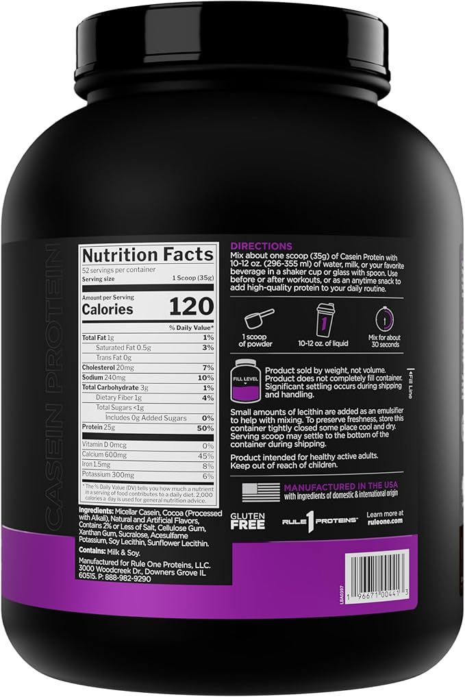 Rule 1 Proteins Casein Protein - 25g Protein and 11g EAAs Per Serving from Slow-Release Micellar Casein for Overnight Recovery and Sustained Delivery Between Meals (4 Pounds Chocolate Fudge)