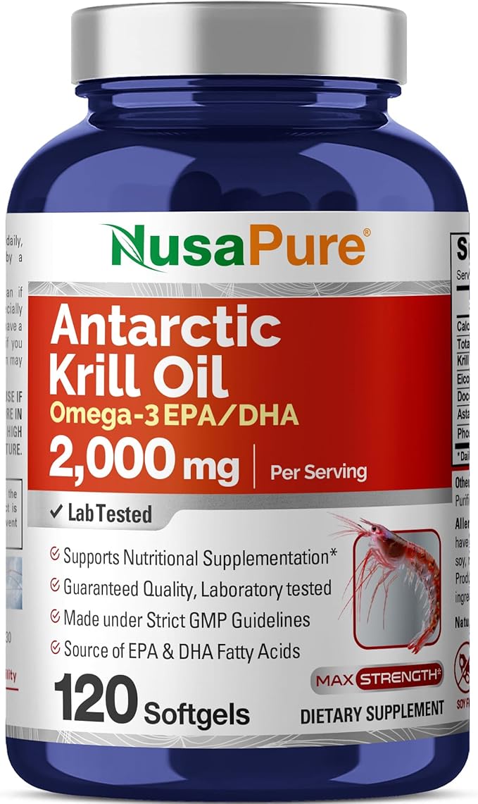 NusaPure Antarctic Krill Oil 2000 mg 120 Softgels Omega-3 EPA 360mg DHA 240mg Soyfree Astaxanthin Supplement Sourced from Krill 800ppm